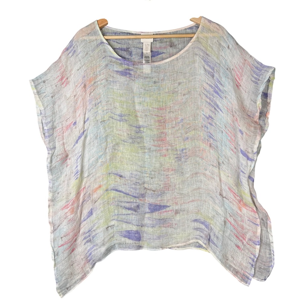 Chico's 100% Linen Abstract Watercolor Poncho Top Pastel Multicolor S/M